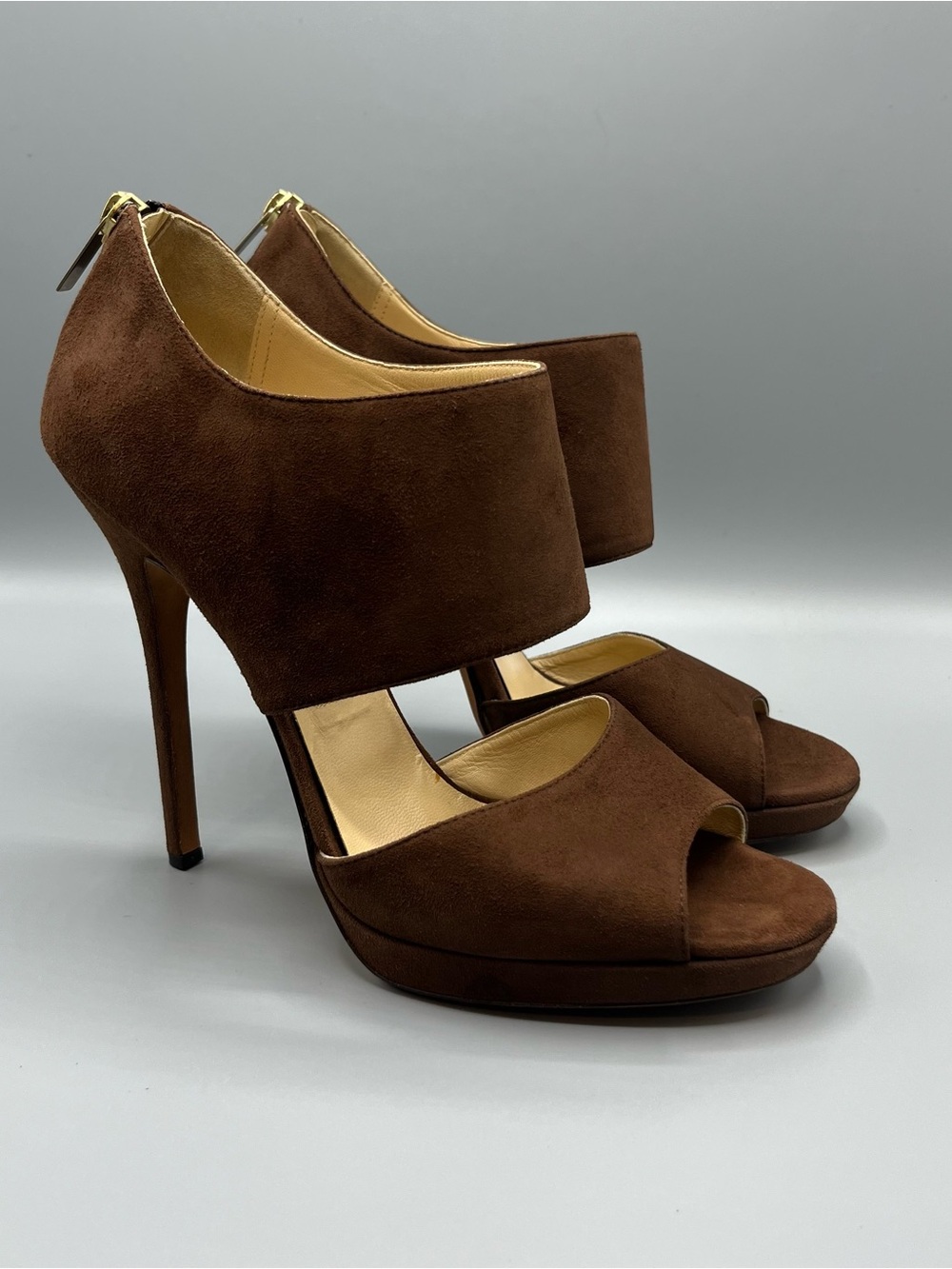 Jimmy Choo London Brown Suede Peep Toe Platform Heels Women EU 39.5 Italy 9.5 US - Picture 4 of 16